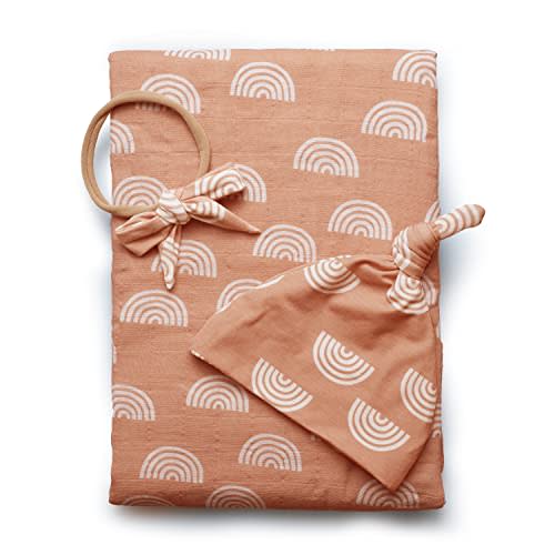 Miaoberry 100% Organic Cotton Muslin Baby Swaddle Blanket Set | Caramel Rainbow| Newborn Girl Unisex Neutral| Boho Vintage Rainbow Baby| Matching Hat Bow |