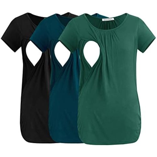 Smallshow Women's Nursing Tops Ruched Short Sleeve Breastfeeding Shirts 3-Pack