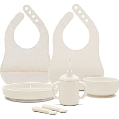 Lalo First Bites Silicone Baby Feeding Set - Baby Led Weaning Supplies - Non-Toxic Silicone - Includes 2 Bibs, 2 Spoons, Training Cup, Suction Plate and Bowl - 6 Pieces - Oatmeal