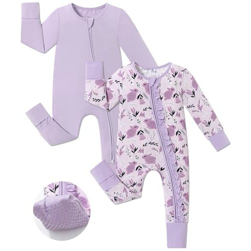JunNeng Baby Girl Viscose from Bamboo Sleeper with Mitten Cuffs, 2 Way Zipper Romper, Sleep N' Play Pajamas 0-18 Months