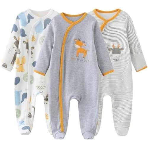 MAMIMAKA Baby Boys Girls Footies One-Piece Romper Long-Sleeve Jumsuit Cotton Newborn Clothes Set 3-Pack Baby Pajamas