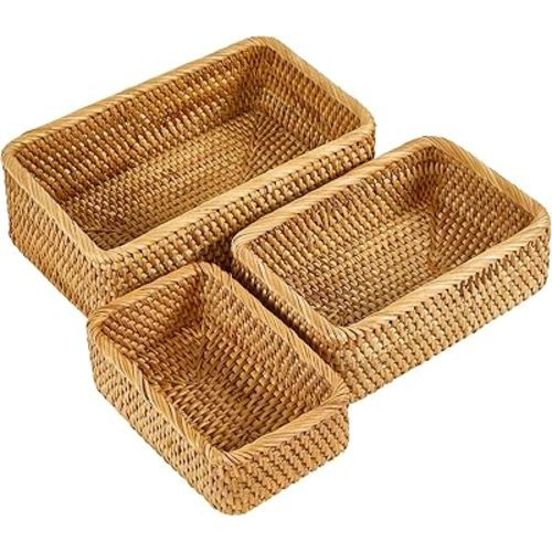Natural Rectangular Rattan Storage Baskets (Set of 3), Hand Woven Food and Fruit Serving Baskets, Wicker Organizer for Living Room, Bedroom, Kitchen