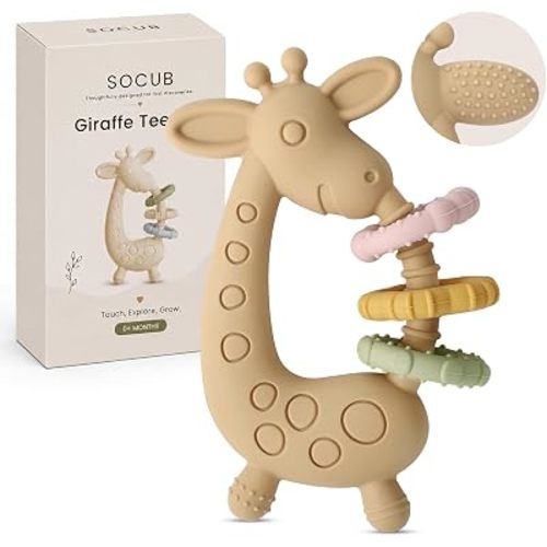 Giraffe Baby Teether, Silicone Teething Toy, 0+ Months, Warm Caramel