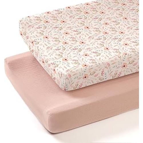 lulumoon Muslin Changing Pad Cover: 2-Pack Soft Breathable Cotton Boho Floral Print for Baby Girls - Nursery & Baby Shower