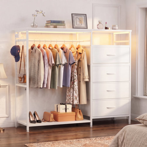 Rebrilliant 4-Drawer Fabric Dresser Closet Organizer with Clothes Hanging Rack, Open Storage Shelves, USB & Outlet Charging Station and LED Lights, Multi-Purpose Storage Chest for Bedroom, Entryway & Living Room | Wayfair