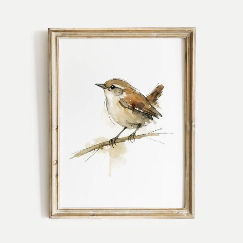 Wren Perched on a Thin Branch Watercolor Poster Print, Songbird Wall Art, Ink & Wash Nature Decor, Spring Floral Bird Gift for Home