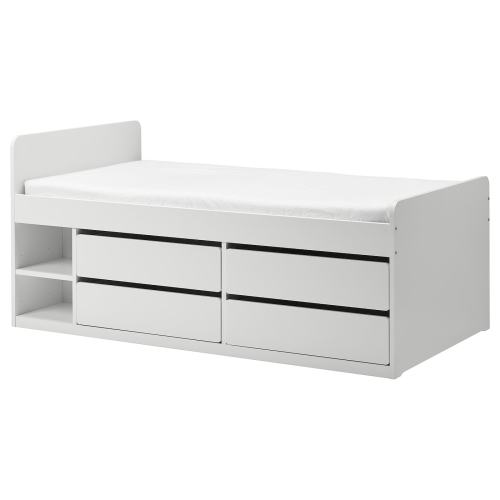 SLÄKT Bed frame w/storage+slatted bedbase - white Twin