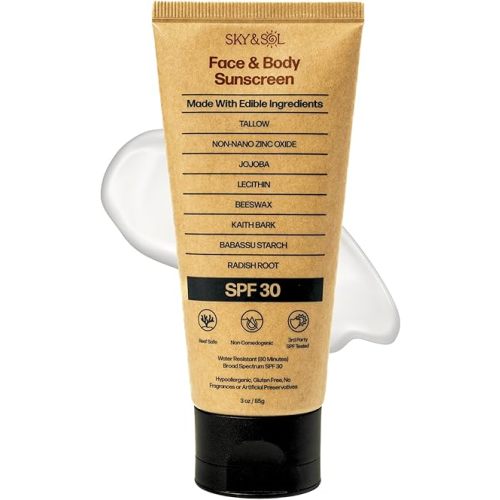 Sky and Sol Natural Mineral Sunscreen SPF 30 3 oz: Natural Tallow & Zinc Oxide, Reef Safe, Water Resistant, Fragrance-Free, Non-Greasy Formula for Face and Body
