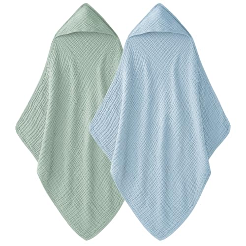 Unnivoll Hooded Baby Towels for Newborn - 2 Pack, 100% Muslin Cotton, Baby Bath Towels with Hood, Soft and Absorbent for Boys, Girls Infant, Toddler and Kids, Large 32x32 Inches, Newborn Essential