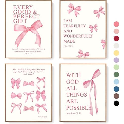 LARTSFRO Coquette Pink Bow Christian Wall Art Decor Posters, Pink Bow Christian Room Bathroom Bedroom Dorm Wall Art Decor Aesthetic for College Teen Girls Gifts, Inspirational Bible Verses Bow Pictures, 10x8 Inch Set of 4 Pcs(UNFRAMED)