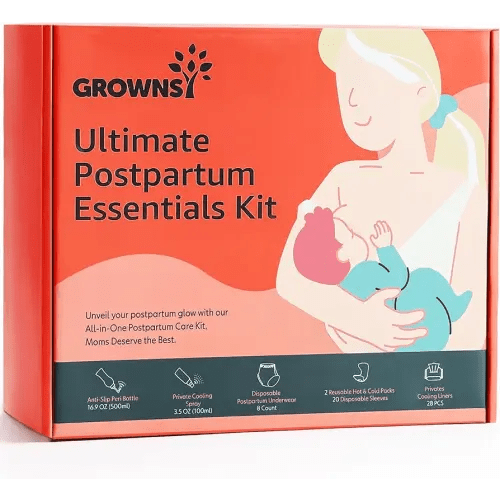 GROWNSY Postpartum Essentials Recovery Kit for Women After Birth, Includes 8 Self-Absorbent Postpartum Disposable Underwear, Peri Bottle, Perineal Spray, 28 Cooling Pad Liners, 2 Post Partum Ice Packs