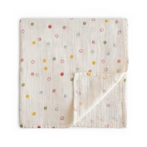 mushie Muslin Baby Swaddle Blanket | 100% Organic Cotton (Smiley Face)