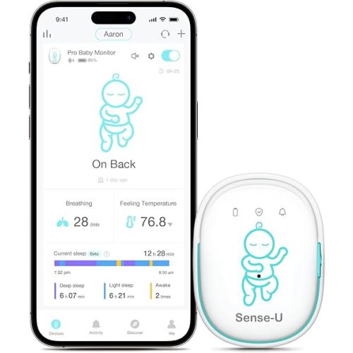 Sense-U Pro Baby Breathing Movement & Sleep Position Monitor with Gentle Vibration Alerts, Temperature Notifications, Audible & App Alerts, Sleep Analysis, Long Battery Life, Easy Clip-On Design