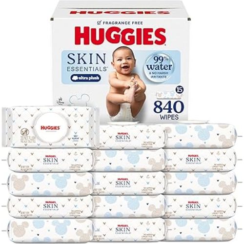 Huggies Skin Essentials Baby Wipes, Hypoallergenic, 99% Water, 15 Flip Top Packs (840 Wipes Total)
