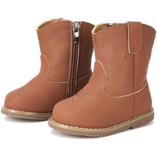 Newsonet Baby Cowboy Cowgirl Boots Infant Western Boots Toddler Boys Girls Round Toe Riding Mid Calf Boots All Seasons for 6 9 12 18 24 Months