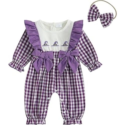 Newborn Baby Girl Halloween Outfit Doll Collar Pumpkin Jumpsuit Romper Ruffle Sleeve Bodysuit Long Overalls with Bow