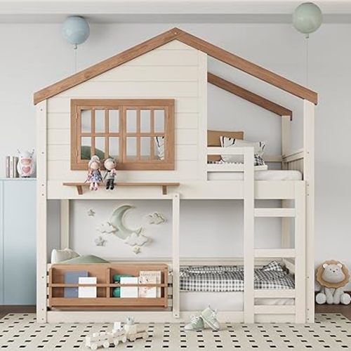 Twin Size House Bunk Bed with Bookshelf and Guardrail, Wooden Bunk Bed Frame with Ladder and Roof, Loft Bed for Bedroom, No Box Spring Needed, Beige & Natural