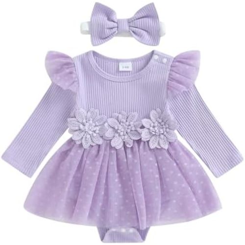 Hnyenmcko Newborn Baby Girl Romper Dress Long Sleeve 3D Flower Embroidery Tulle Dresses Jumpsuit Fall Winter Outfits Set