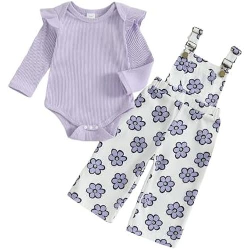 Newborn Baby Girl Fall Outfits Ribbed Long Sleeve Rompers Suspender Overalls Pants Sets Infant 2Pcs Clothes