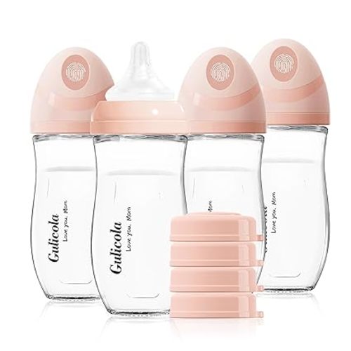Gulicola Natural Glass Baby Bottle 8 oz for Breastfed Babies, Anti-Colic Baby Bottle Set with Medium Flow Nipple, 3 Months +, 4 Pack - Pink