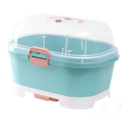 Baby Bottle Storage Drying Rack, Portable Nursing Cutlery Box Container, Anti-Dust Protect Lid Cover Organizer Drain Board,For Home And Travel Use. (Green)