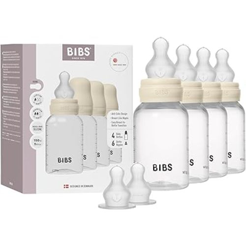BIBS Baby Bottle 150 ml Silicone Nipple 4 Pack - Anti-Colic, BPA-Free, Round Nipple, Lightweight & Easy to Clean, Suitable for Newborns 0+ Years, 4-Pack + 2 Extra Nipples - Ivory