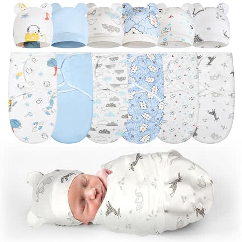 Ramede 6-Pack Preemie Baby Swaddle Blankets with Hats, Breathable 100% Cotton Baby Swaddles, Suitable for Preemie Babies and Newborns, Soft Cotton, Adjustable(Planet,Blue)