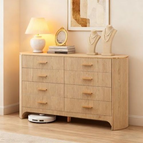8 Drawer Dresser for Bedroom, 53.9" Wide Drawers with Gold Handles, Curved Profile, Wood Storage Dressers Organizer for Living Room, Natural Oak