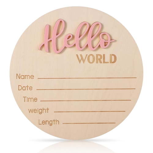 Newborn Announcement Sign, 5.9in Wooden Hello World Sign Baby Welcome Sign Birth Baby Name Plaques for Newborn Boys and Girls Photo Props Baby Shower Hospital Nursery (Light Pink)