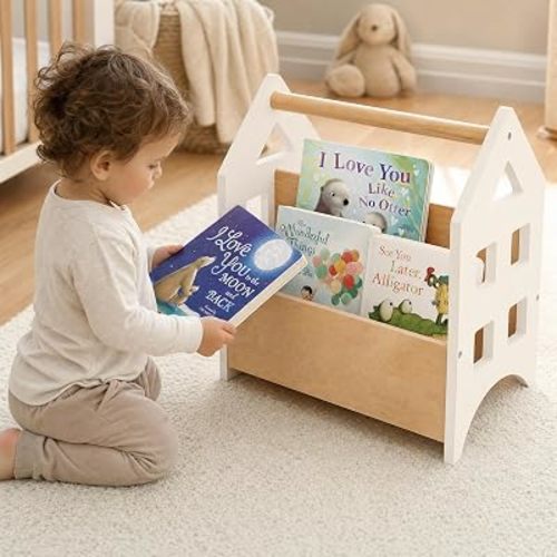 Decorative Wooden Bookshelf with Handle for Kids Rooms - Montessori Shelf