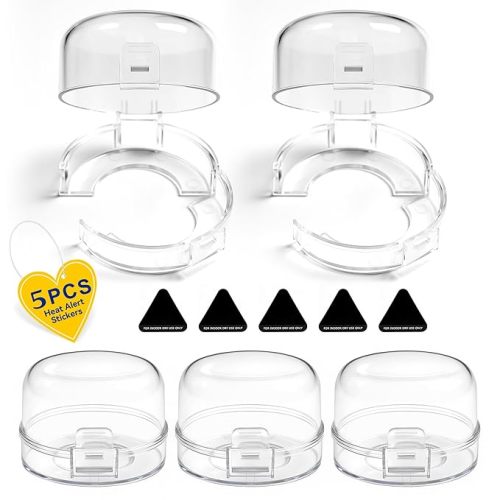 Stove Knob Safety Covers, 5Pcs Fits 90% Oven/Stove 5 Heat Alert Stickers Oven Knob Covers for Child Safety, 2nd Gen Kitchen Burner Childproofing, Gas Stove Knob Locks for Kid Baby Pet (Clear)
