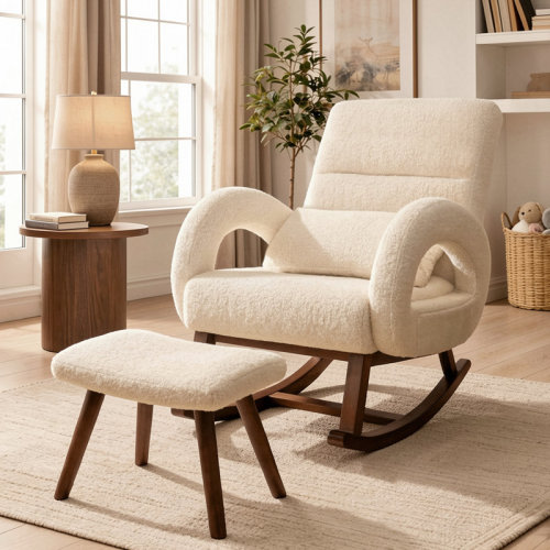 COMHOMA Rocking Chair Nursery with Ottoman, Boucle Teddy Fabric Glider Rocker with High Backrest & Lumber Pillow,Modern Upholstered Accent Armchair with Solid Wood Legs for Living Room,Bedroom(Cream) | Wayfair
