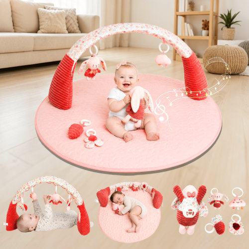 PRVAETU Baby Activity Gym Mat with Music Toys, Newborn's Gift,Tummy Time & Sensory Playmat for Infants,0–12 Months,Pink