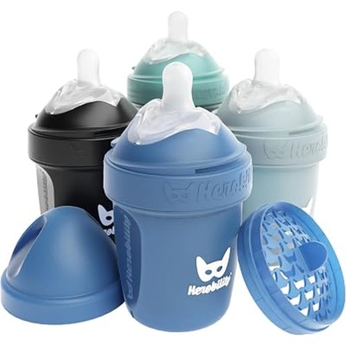 Herobility Anti-Colic Baby Bottles 5 fl oz/140 ml - Pack of 4 Newborn Baby Bottles, Slow Flow Plastic Bottles, Breast-Shaped Teat for Breastfed Babies - Multicolor - Denim, Black, Dusky Green, Gray