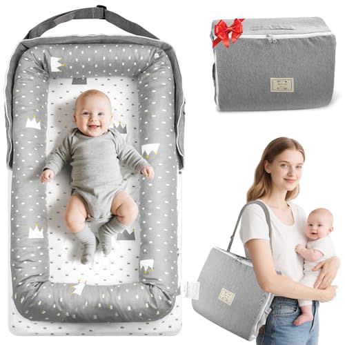 Baby Lounger & Nest for Newborn 0-24 Months, Baby Nest Supervised Breathable Cotton for Newborn, Newborn Essentials Gifts, Breathable Portable Infant Lounnger for Travel and Home(Crown)