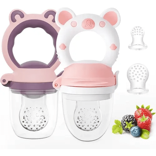 Baby Solids/Frozen Fruit Feeder Pacifier, Infant Teether Toy 4M+, BPA-Free Silicone Pouch & Nipple, Safely Introduce Solids, Teething Relief, 2-Pack (Bear - Purple Pink White, S/M/L)