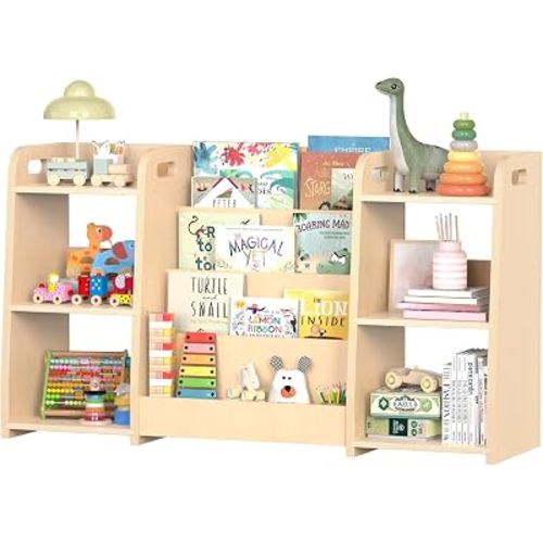 Montessori Bookshelf and Toy Storage Organizer for Toddlers 3-Tier Wooden Book Bin Display Rack Shelf Nursery Bedroom Playroom Childrens Bookcase Multi-Purpose Cabinet Open Home Classroom Furniture
