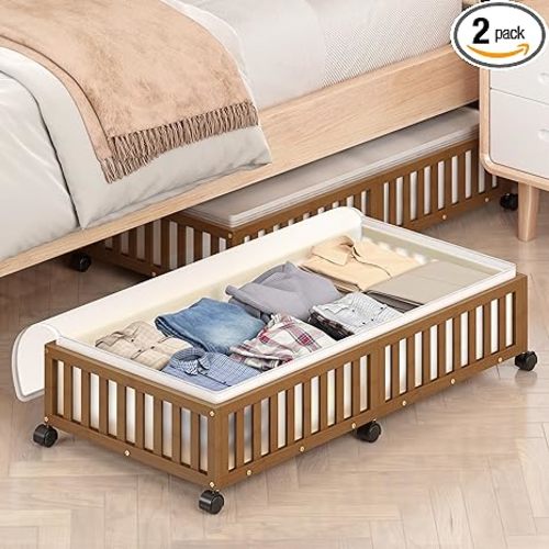 Bamboo Under Bed Storage Containers with Wheels, 2 Pack Large Under the Bed Shoe Storage Bins, Wood Rolling Underbed Drawers Organizer for Bedroom Closet Clothes Blanket Under Crib Toy Walunt