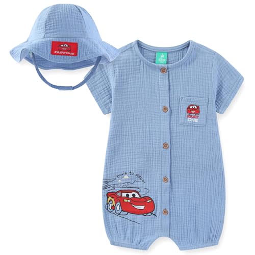 Disney Cars Lightning McQueen Baby Boys Gauze Romper with Bucket Hat 2 Piece Set for Infant
