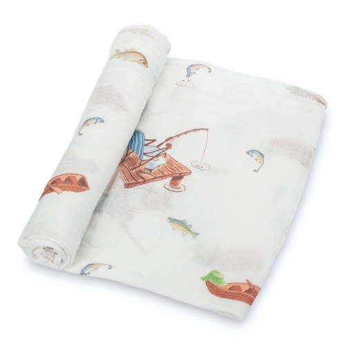 LollyBanks Fishing Activities Theme Baby Muslin Swaddle Blanket 100% Cotton 47"x47" 1 Pack