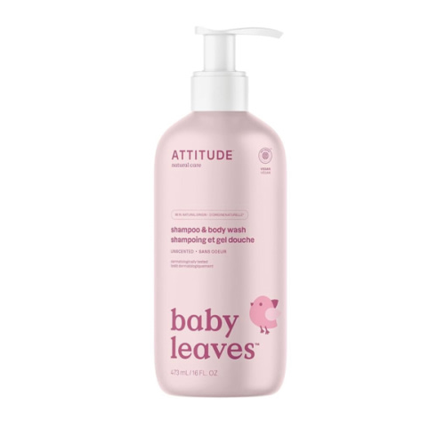 ATTITUDE 2-in-1 Shampoo and Body Wash for Baby, Fragrance-Free EWG Hypoallergenic Plant- and Mineral-Based Ingredients, Vegan and Cruelty-Free, Unscented, 16 Fl Oz