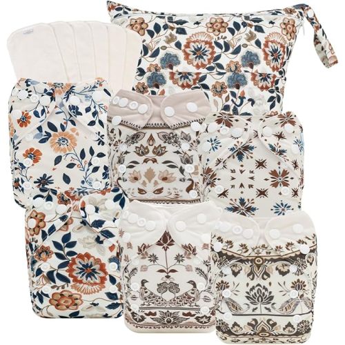 babygoal Boho Newborn Cloth Diapers Pack of 13 for 5-12lbs Preemie, Cloth Diaper Covers 6 Pack with 6pcs Inserts and Wet Bag, Reusable Washable & Waterproof