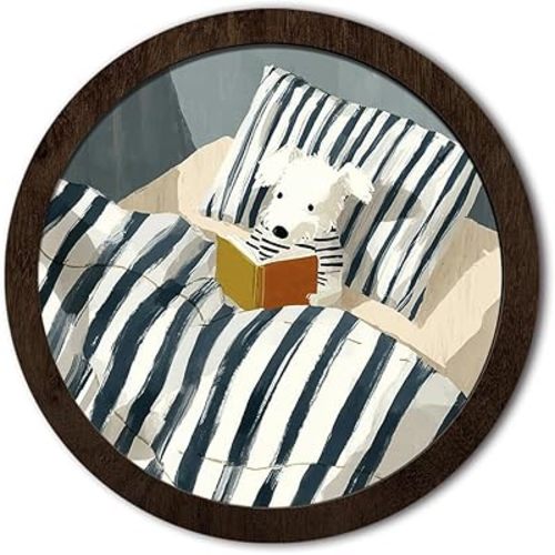 DDYGZYW Nursery Decor Framed Wall Art,Dog Lover Gifts,Whimsical Cozy Read Book Round Wooden Wall Art Decor for Home Library Reading Room Corner Nook 9.8x9.8 Inch
