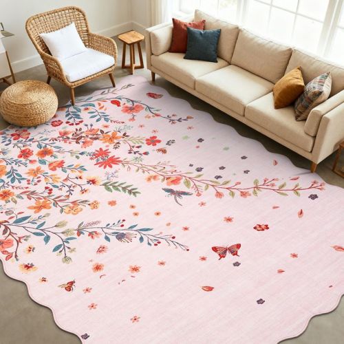 Coucheta Large Floral Area Rugs for Living Room Bedroom Non Slip Washable Scalloped Rugs, Low Pile Stain Resistant Floral Carpet, Foldable Floor Mats