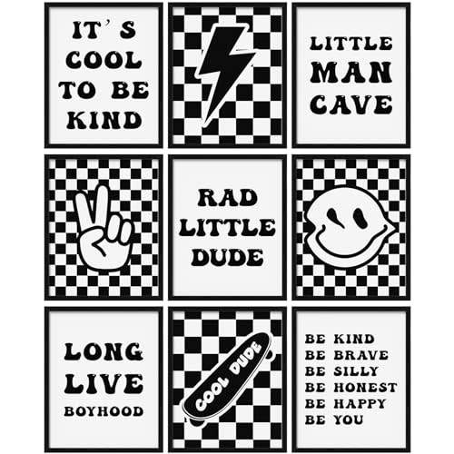 Eersida 9 Pcs Retro Checkered Preppy Lightning Peace Sign Long Live Boyhood Rad Little Dude Poster Prints Boys Poster Gifts for Boy Room Dorm Decor Wall Art Unframed 8 x 10 Inch(Black)