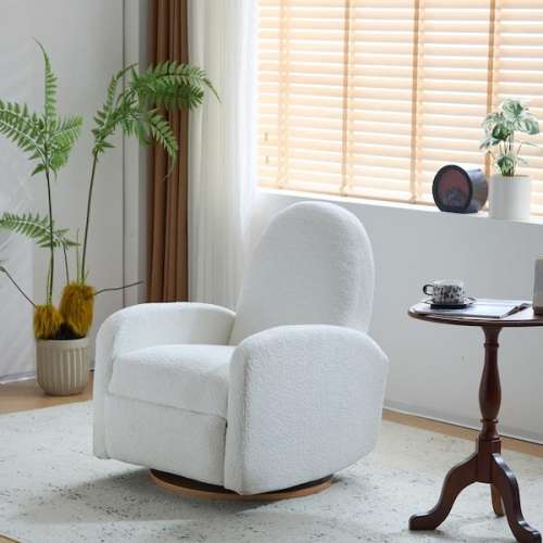 360 Swivel and Glider Beige Boucle Fabric Recliner Chair with Solid Wood Base