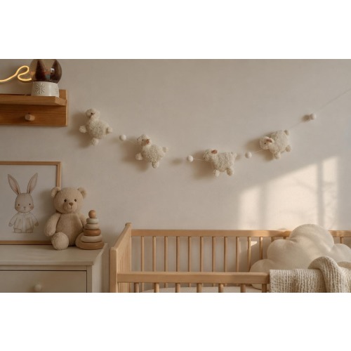 Boucle Sheep Garland for Nursery, Neutral Baby Room Decor, Farmhouse Lamb Wall Decor