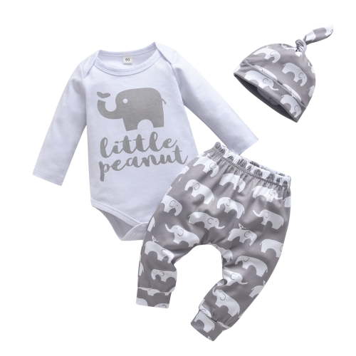 Infant Baby Boy Clothes Elephant Style Long Sleeve Romper + Pants + Hat 3PCS Outfits Set Gray