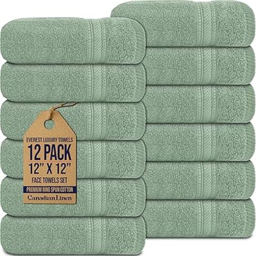 Canadian Linen 12 Pack Luxury Everest Washcloths 12”x12”, 100% Natural Cotton Absorbent Washcloths, Machine Washable, Soft Cleaning Cloth Set for Home Bathroom Bar Hotel Spa Salon Gym Pool, Sage Green