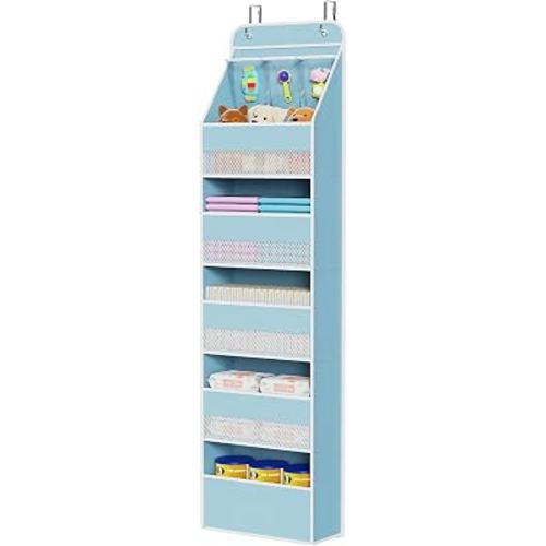 Univivi Fabric Over Door Hanging Organizer for Baby Nursery, Blue, 6-Shelf | Door Storage with Large Capacity Breathable Mesh Pockets, Over the Door Baby Organizer for Baby Essential, Bedroom, and Dorm